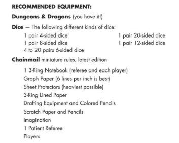 RECOMMENDED EQUIPMENT: Dungeons & Dragons (you have it!) Dice — The following different kinds of dice: 1 pair 4-sided dice 1 pair 20-sided dice 1 pair 8-sided dice 1 pair 12-sided dice A to 20 pairs 6-sided dice Chainmail miniature rules, latest edition.